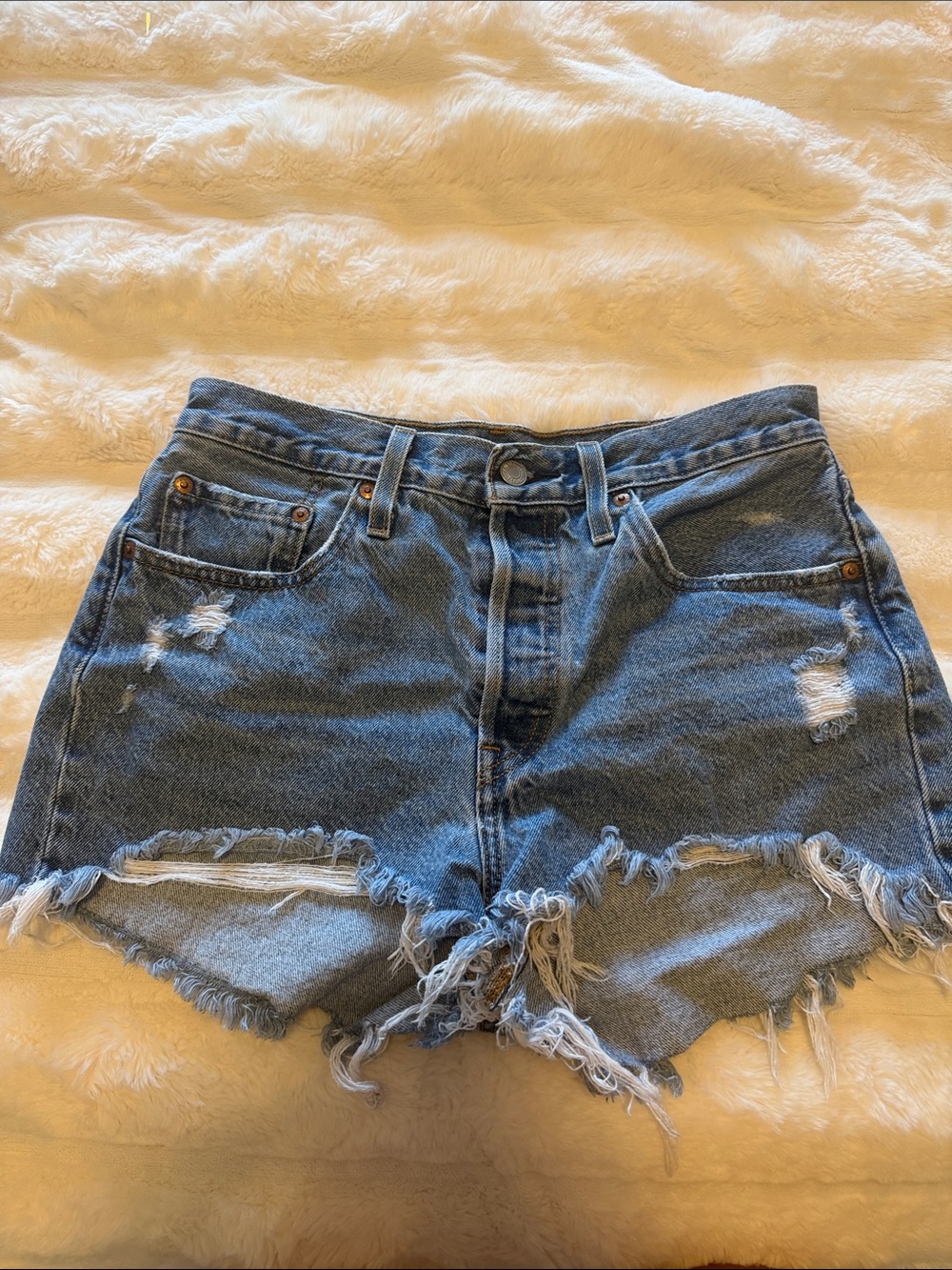 Levi's Distressed Frayed Hem Denim Shorts - Blue